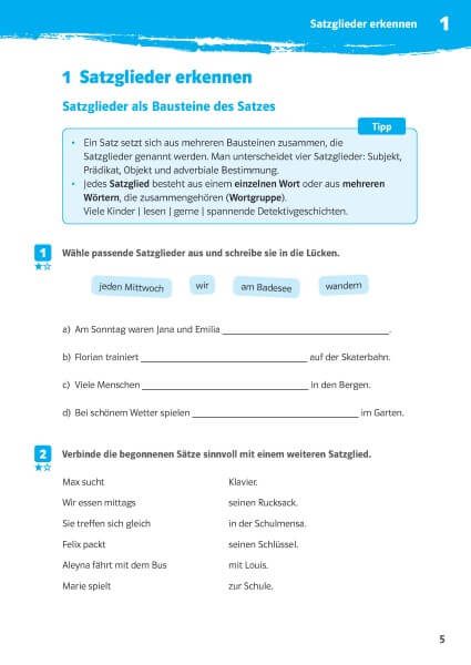 Klett 10-Minuten-Training Deutsch Grammatik Satzglieder bestimmen 5./6. Klasse